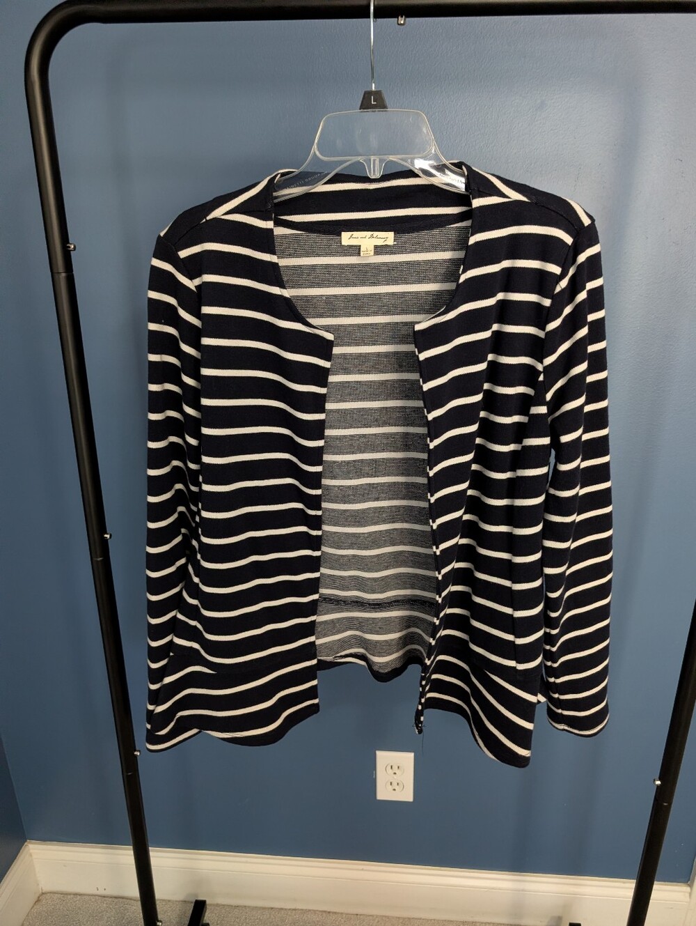 Jane and Delancey Navy and White Striped Open Front Jacket